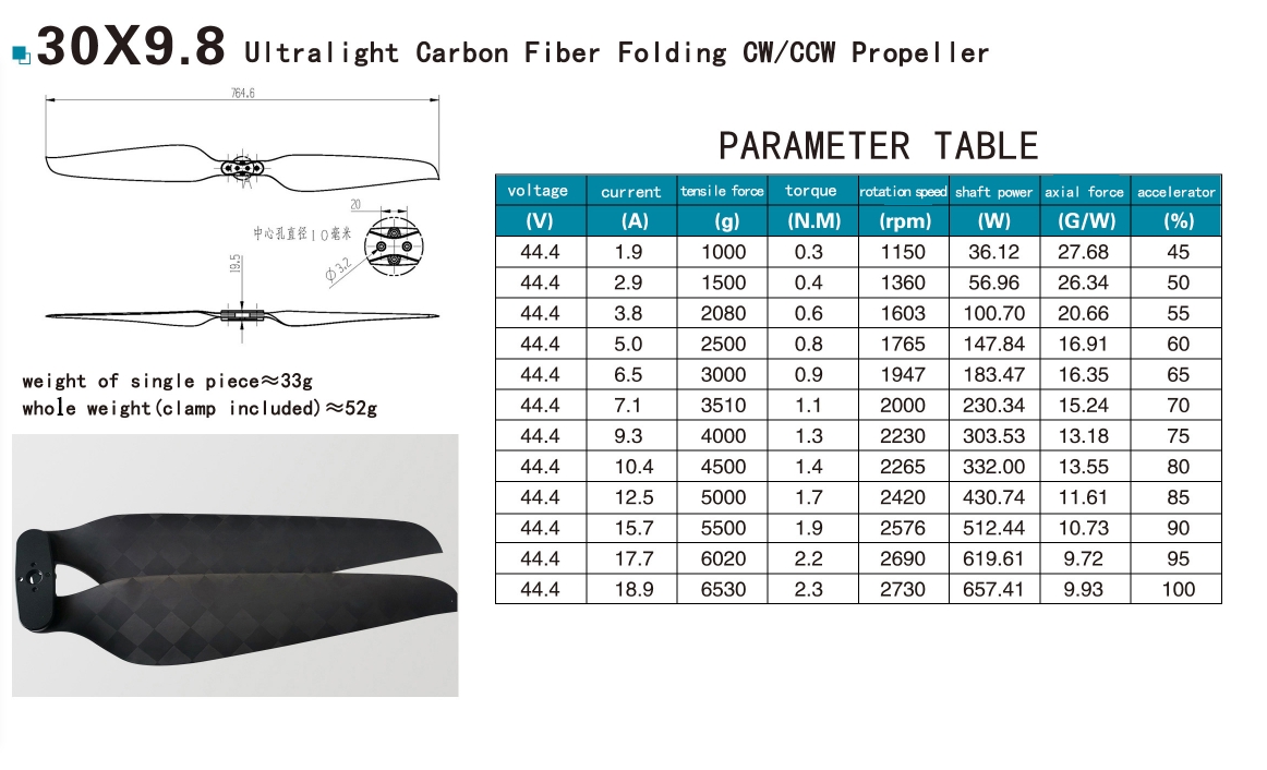 30*9.8 Ultralight Carbon Fiber Folding CW CCW Propeller